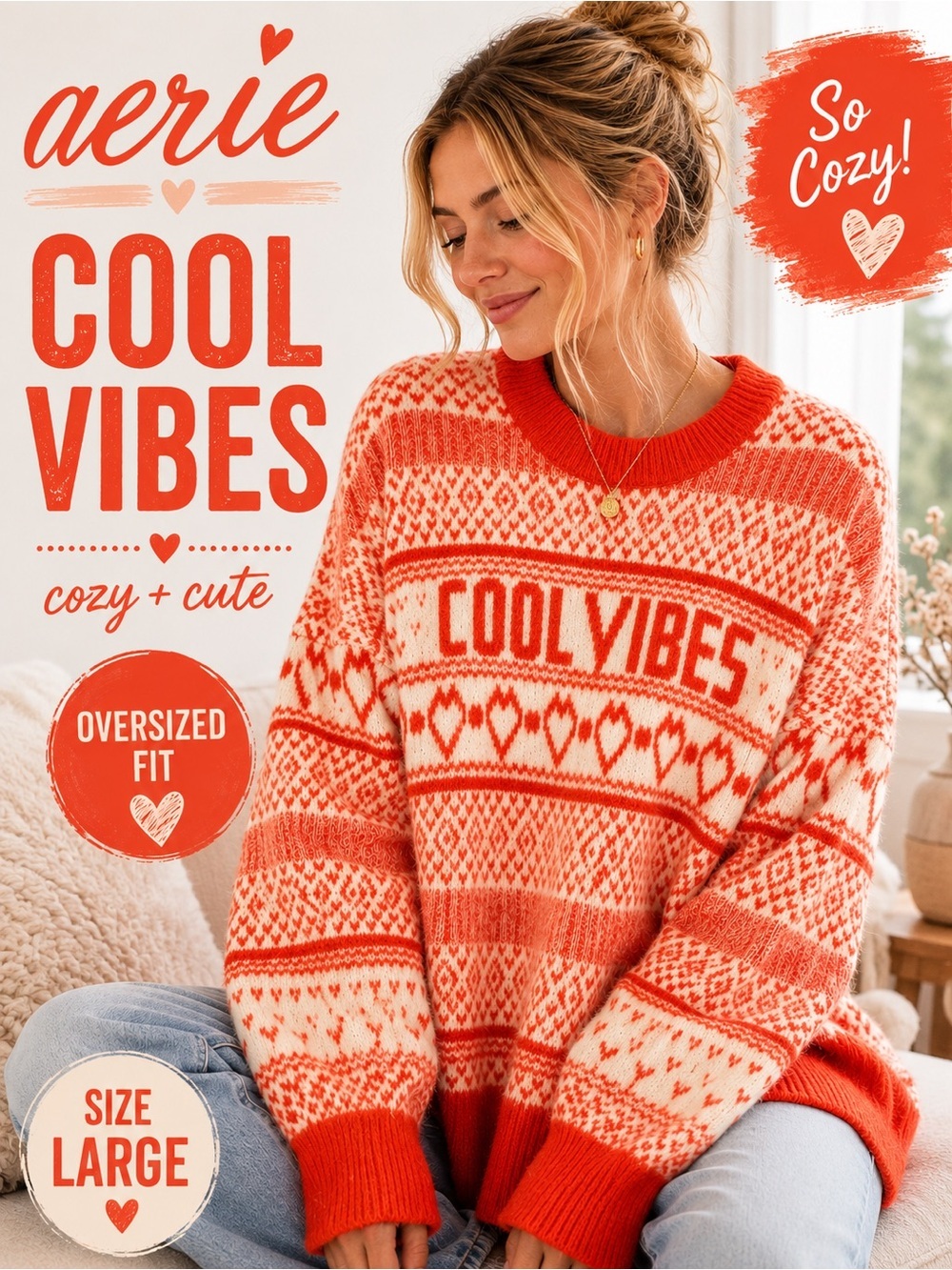 Aerie Cool Vibes Fair Isle Heart Oversized Sweater Orange Cream Size Large